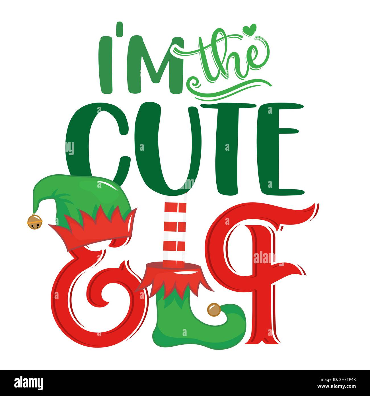 I am the cute Elf - phrase for Christmas clothes or ugly sweaters. Hand drawn lettering for Xmas greetings cards, invitations. Good for t-shirt, mug, Stock Vector