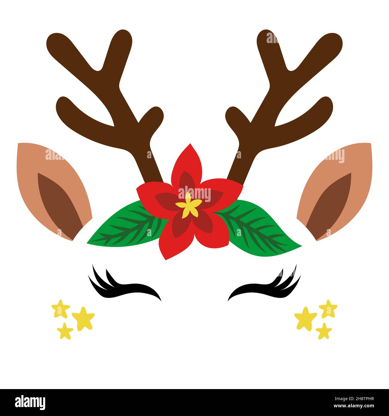 Deer Head, reindeer face with beautiful lashes. Vector illustration for card and shirt design for autumn holidays. Scandinavian design, good for cloth Stock Vector