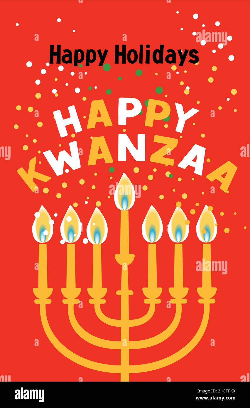 Happy Kwanzaa vector flat illustration on black dark background with confetti. African celebration design card. Stock Vector