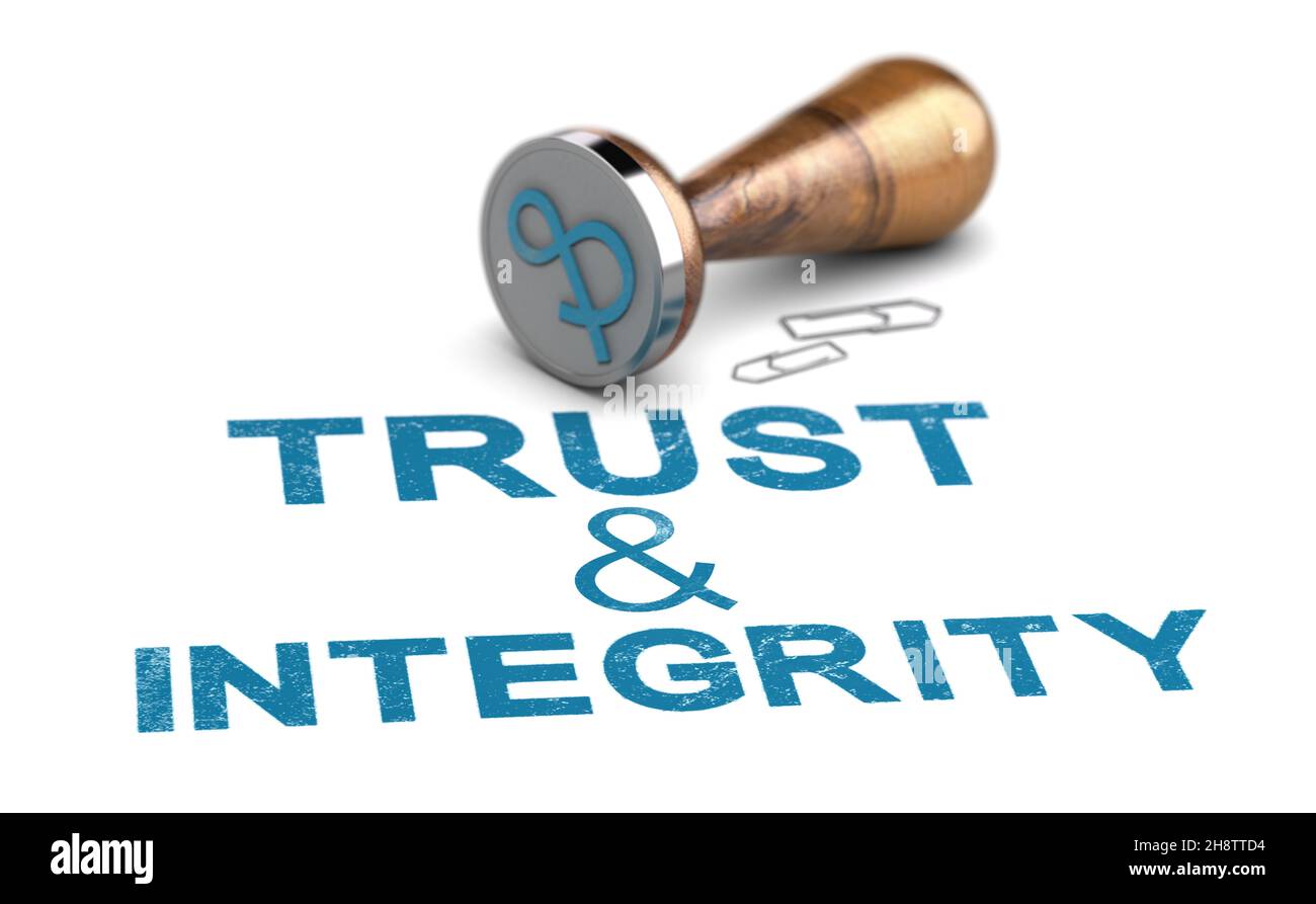 Phrase trust and integrity written on white background. Business ethics and trustworthy company concept. 3d illustration. Stock Photo