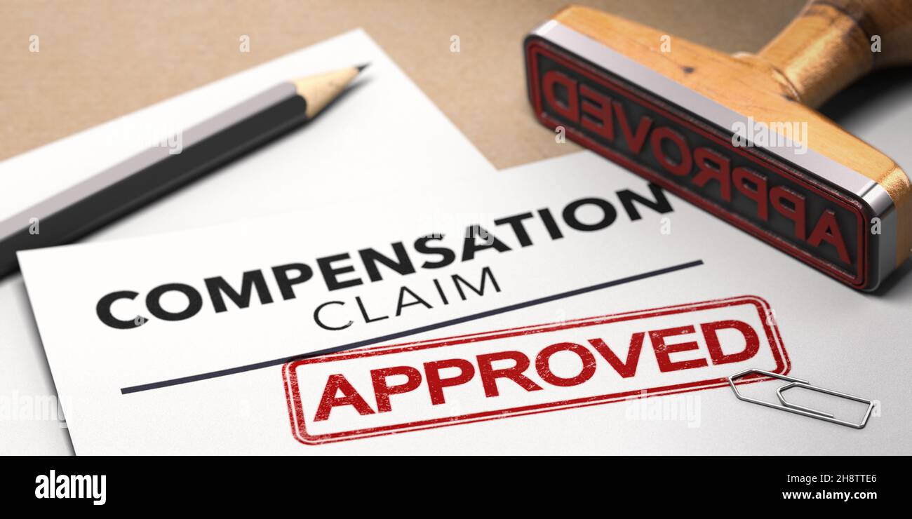 3d illustration of a worker compensation claim with a stamp approved. Disability insurance concept. Stock Photo