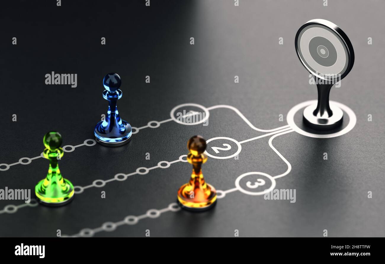 3D illustration of glass pawns ovec black background with a target. Concept of OKR,  Objective and Key Results. Stock Photo