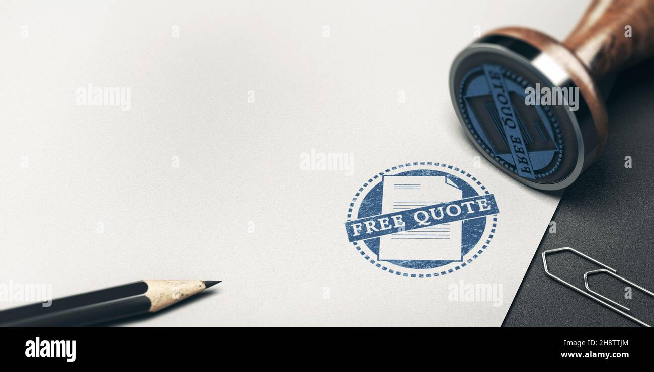 3d illustration of a rubber stamp with the text free quote printed on