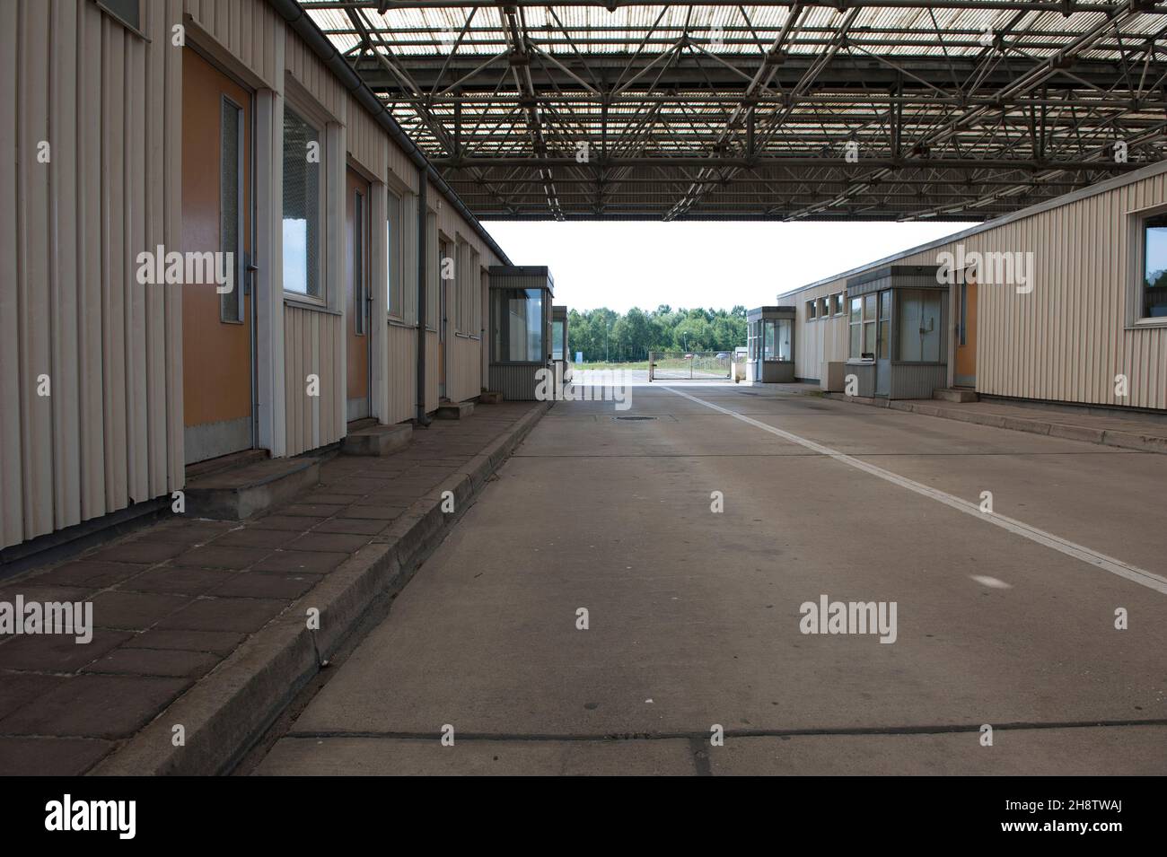 Helmstedt Marienborn, Germany. The former border station between West-Germany and East-Germany, the BDR towards the DDR / GDR was part of the Iron Curtain between Western Europe and Warsaw Pact Countries. When passing onward into the DDR / DGR or onwards towards West-Berlin, extensive checkes to people and vehicles were madero here. Is is now a museum, dedicated to oppression and freedom. Stock Photo