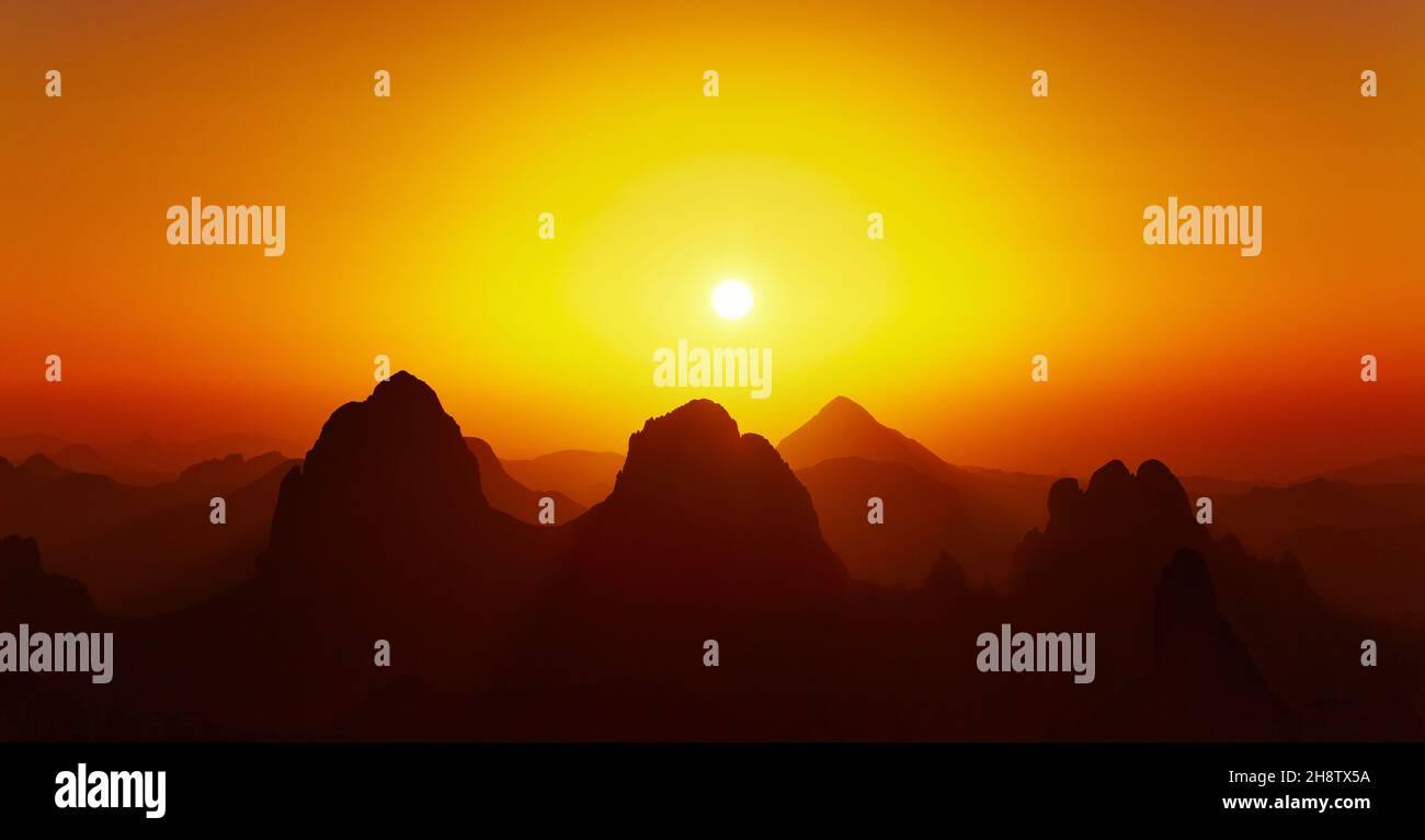 Sunrise over Sahara Desert, Hoggar mountains, Algeria Stock Photo