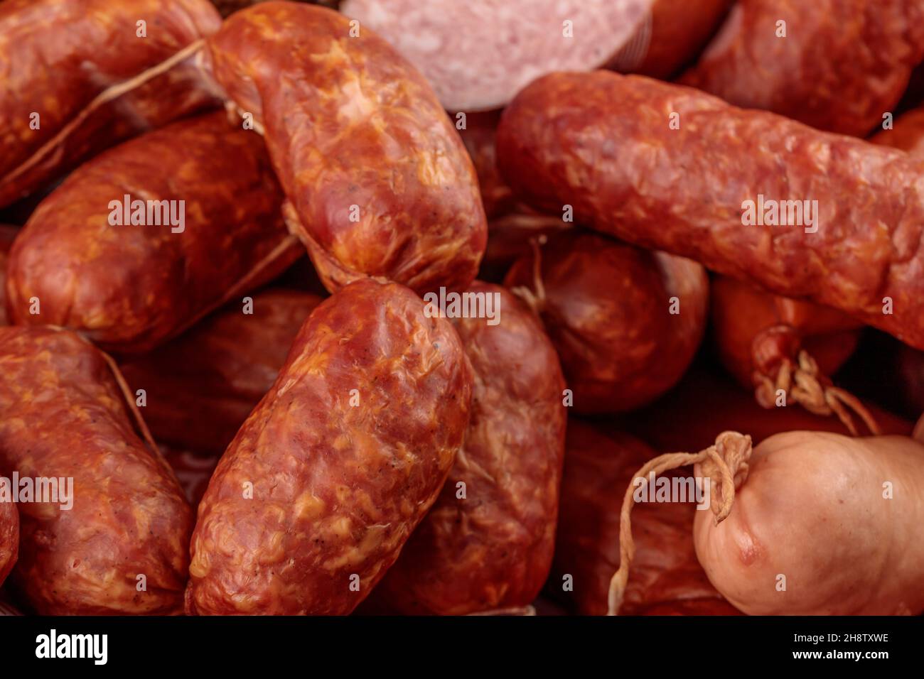 Smoked pork sausages made from minced meat Stock Photo