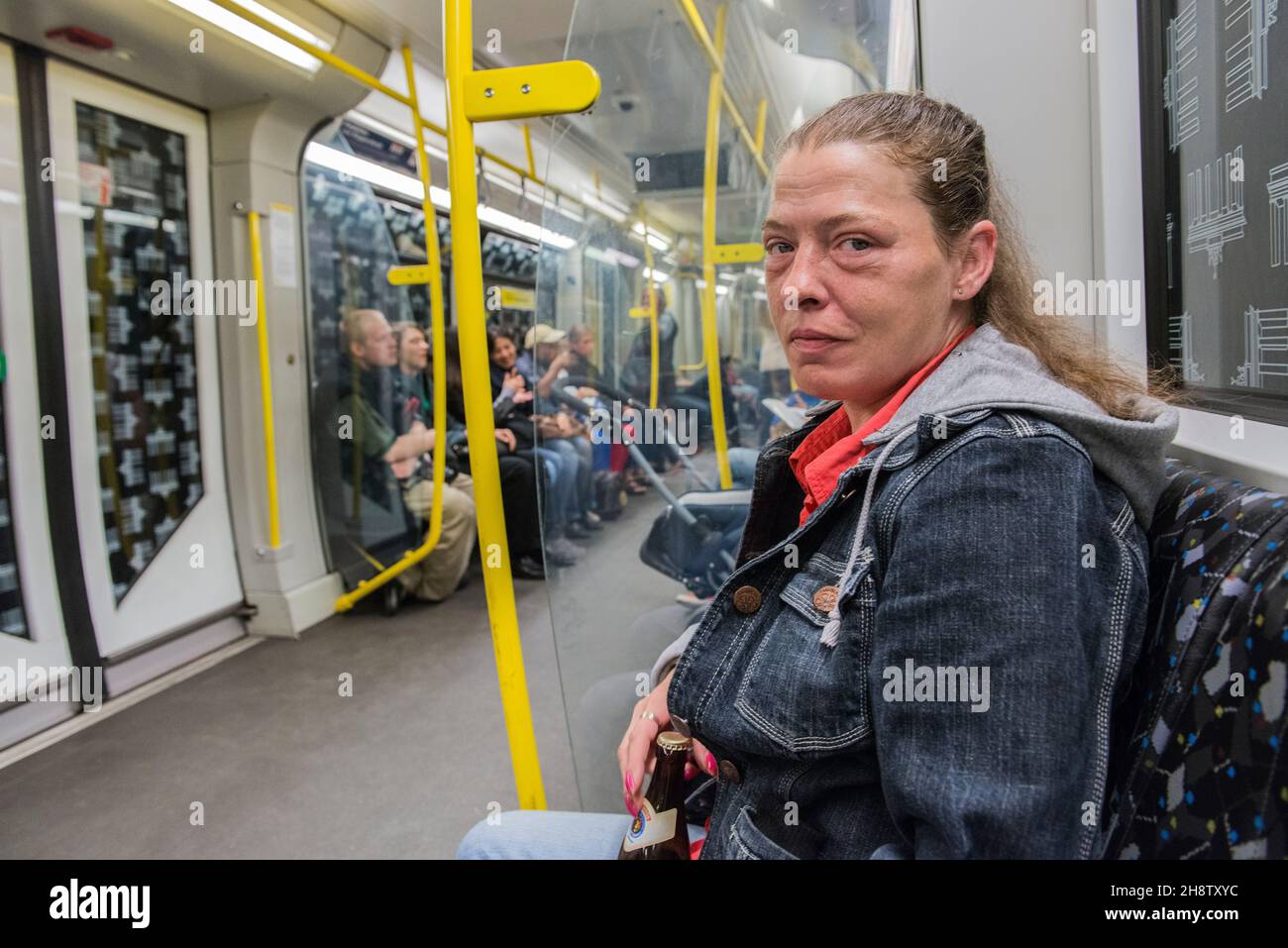 Berlin, Germany. Alcohol Addicted Woman commuting homebound by U-Bahn ...