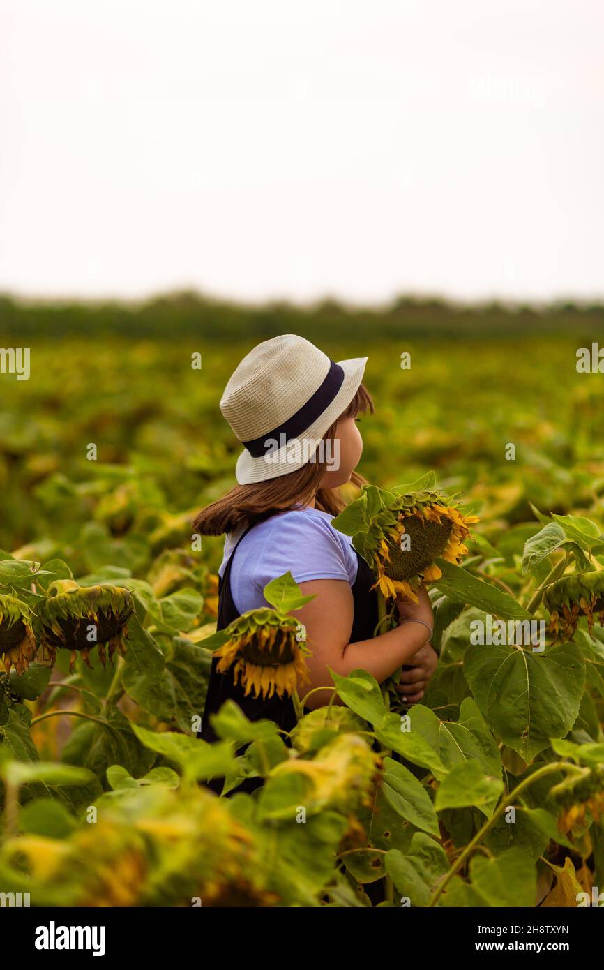 Vertical shot of the girl in the sunflowers field Stock Photo - Alamy