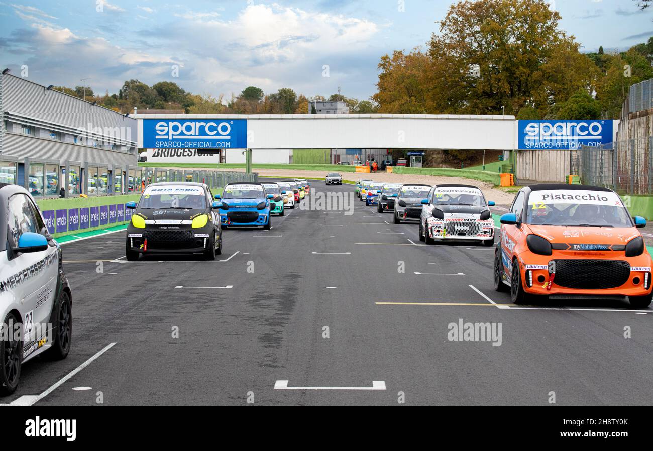 Vallelunga, Italy, november 28 2021, race weekend. Car race starting grid, large number of electric Smart cars on straight racetrack Stock Photo