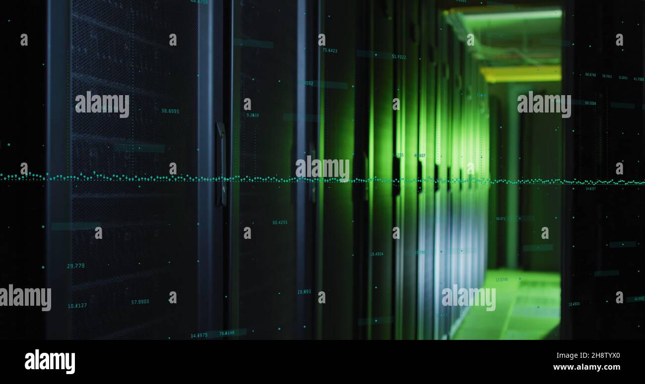 Image of data processing and globe over green lights of computer server ...