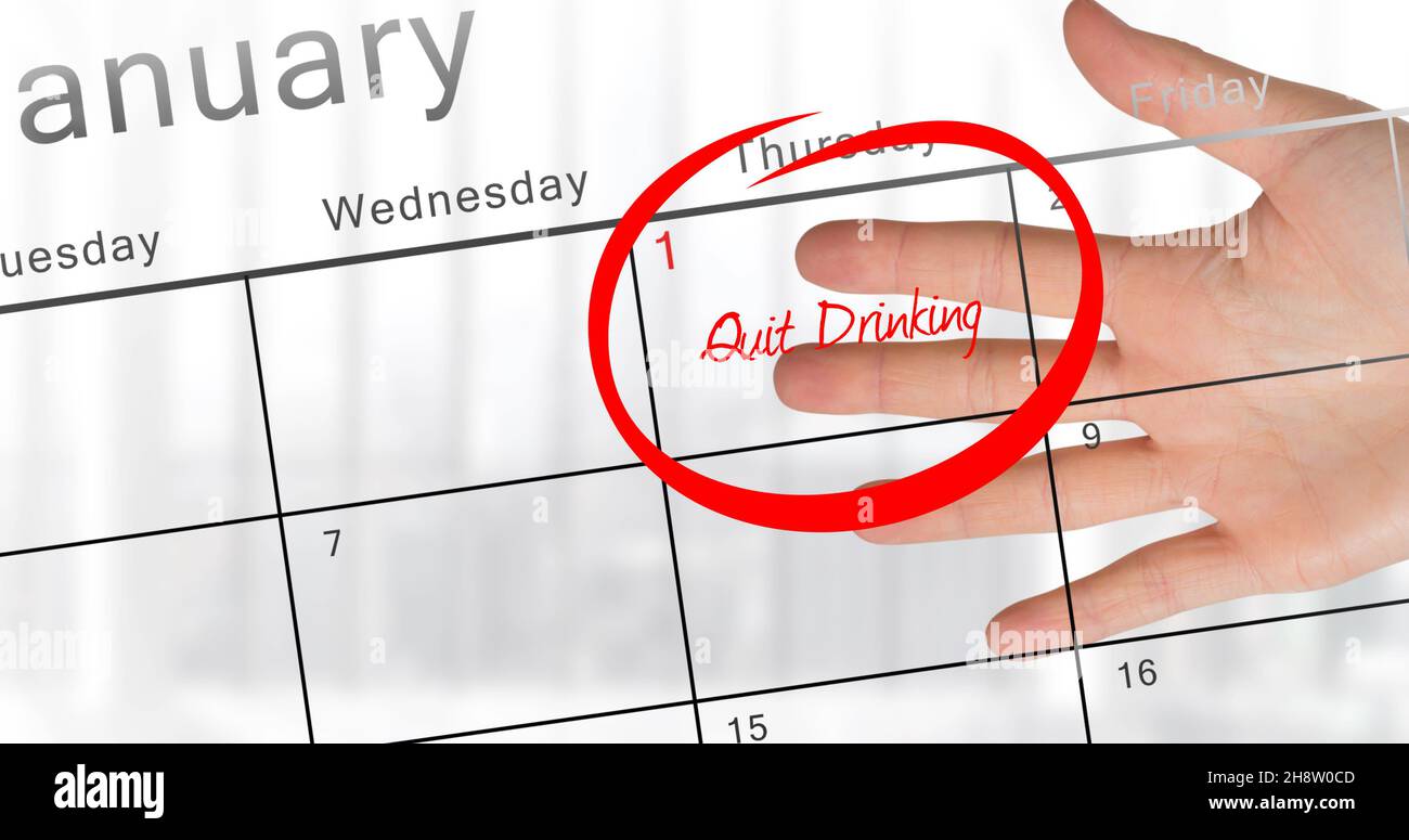 Image of quit drinking in red text and red ring on january 1st on Image of quit drinking in red text and red ring on january 1st on