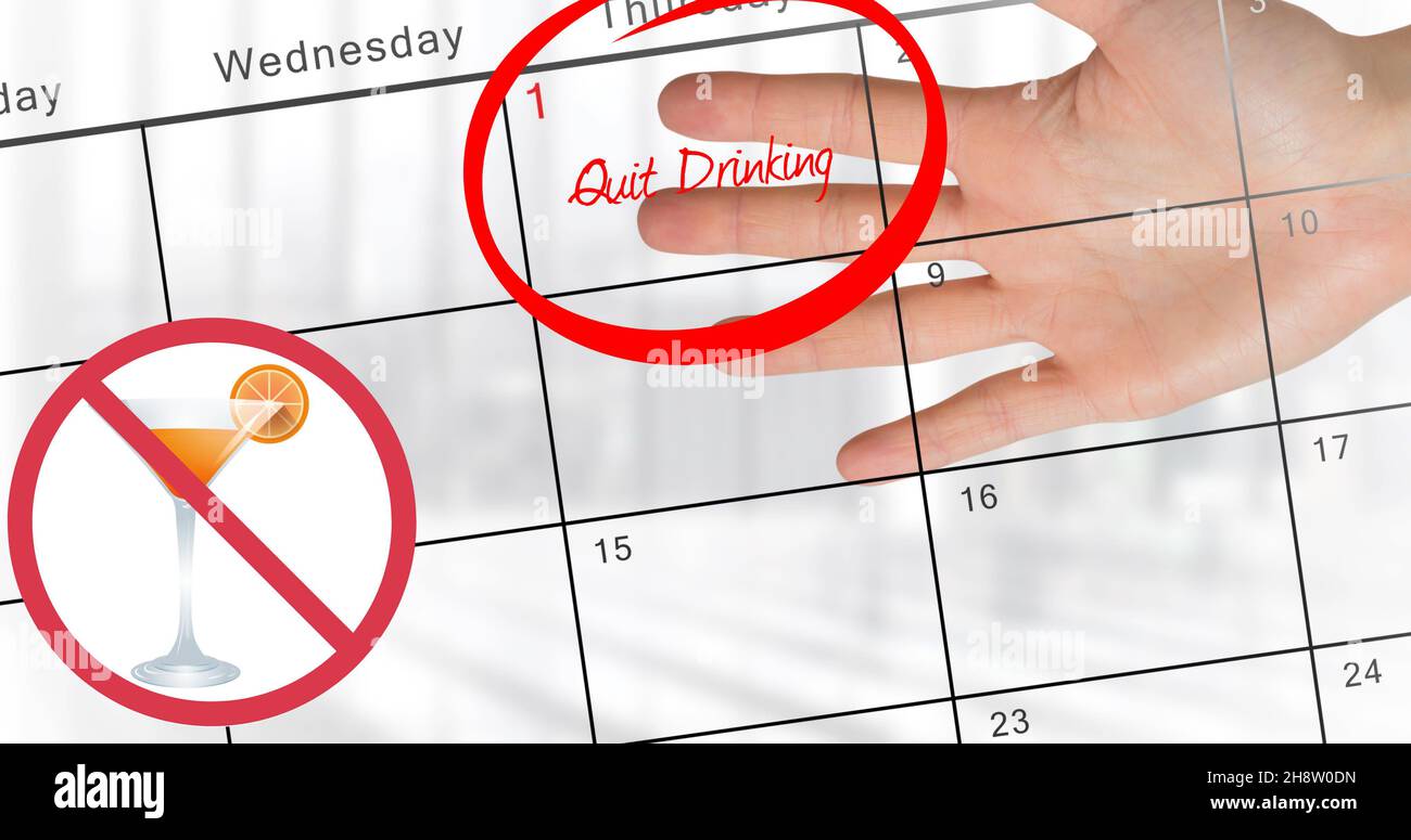 Image of stop sign and cocktail with hand and quit drinking text on Image of stop sign and cocktail with hand and quit drinking text on