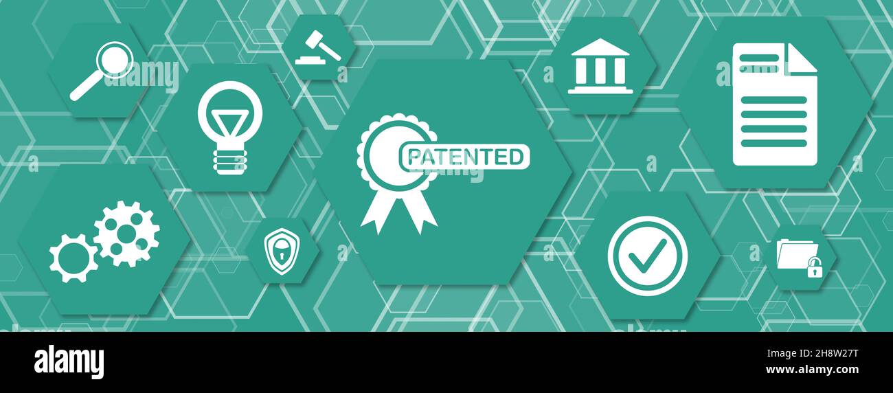 Concept of patent with icons on hexagons Stock Photo - Alamy