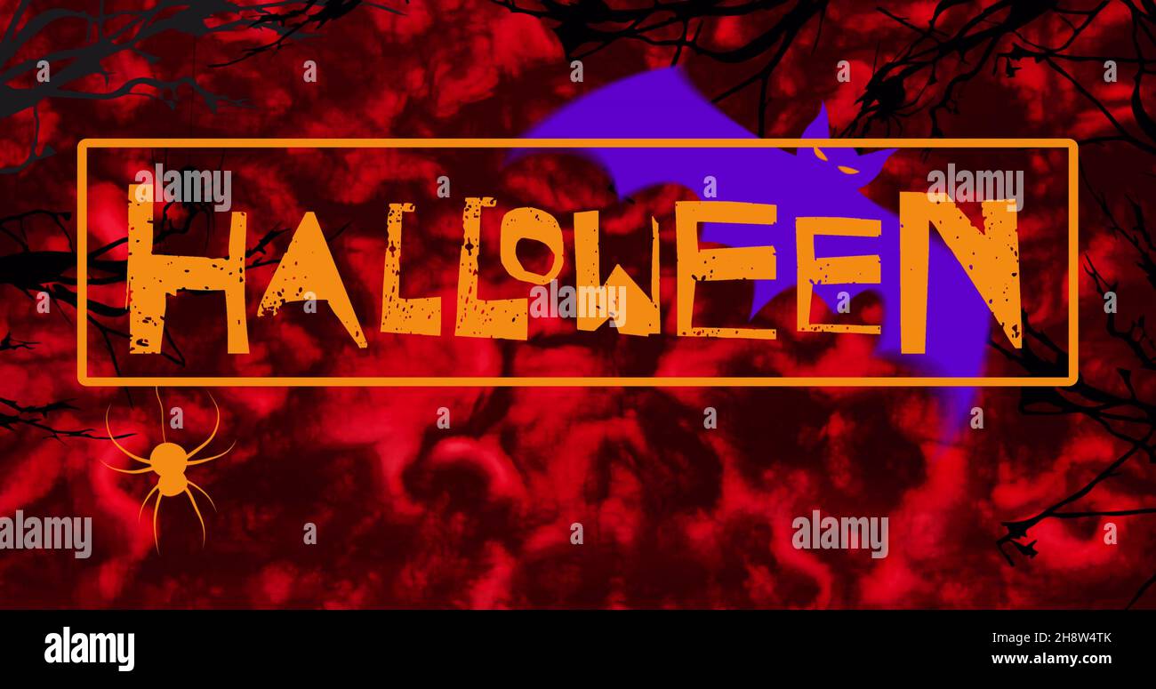 Digital image of happy halloween text banner and bat icon against red background Stock Photo