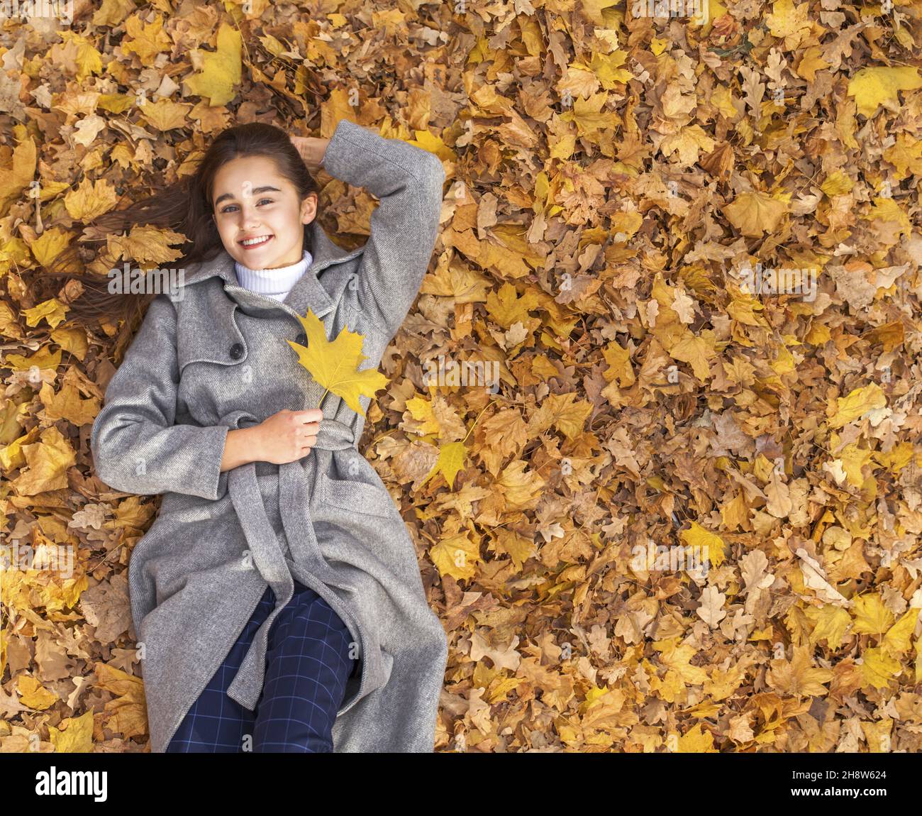Top view portrait of young beautiful woman lying in autumn leaves Stock ...