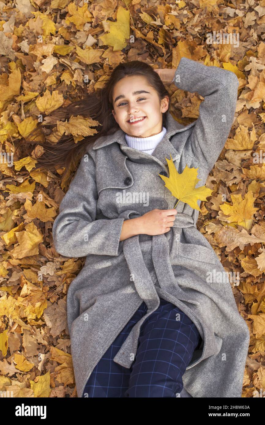 Top view portrait of young beautiful woman lying in autumn leaves Stock ...