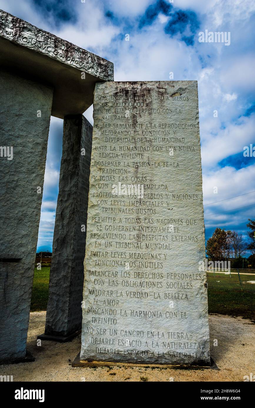 Elberton Georgia United States Oct 25 2021 The Georgia Guidestones Near Elberton With Spanish And Classical Greek Inscriptions Under A Cloudy Sky Stock Photo Alamy