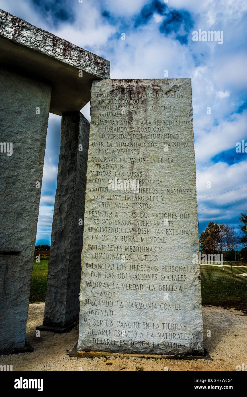 ELBERTON GEORGIA, UNITED STATES - Oct 25, 2021: The Georgia Guidestones near Elberton with Spanish and classical Greek inscriptions under a cloudy sky Stock Photo