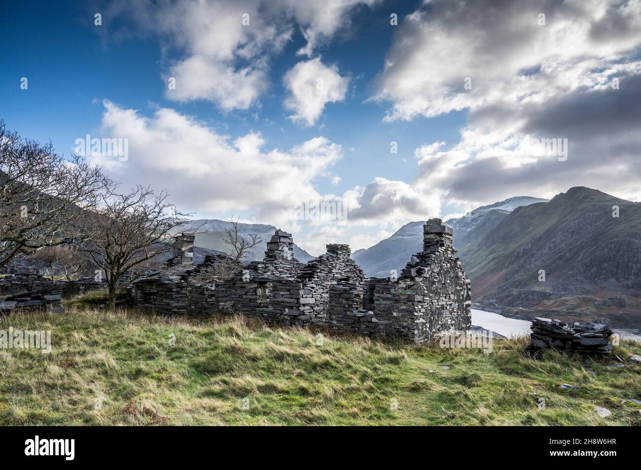 These are what used to be the miners cottages at the abandoned Dinorwic slate quarry located above the Welsh village of Llanberis in North Wales Stock Photo