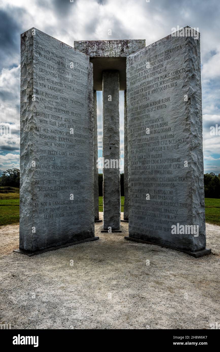 ELBERTON, UNITED STATES - Oct 25, 2021: A vertical shot of the Georgia Guidestones near Elberton with English, Russian and cuneiform inscriptions Stock Photo