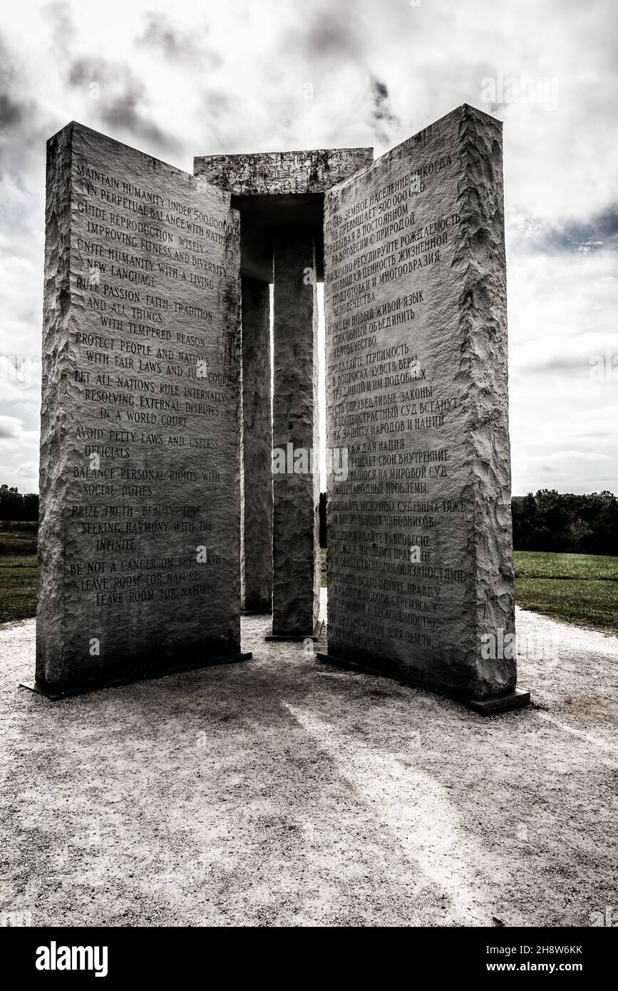 ELBERTON, UNITED STATES - Oct 25, 2021: A vertical shot of the Georgia Guidestones in Elberton, showing English, Russian, and cuneiform inscriptions Stock Photo