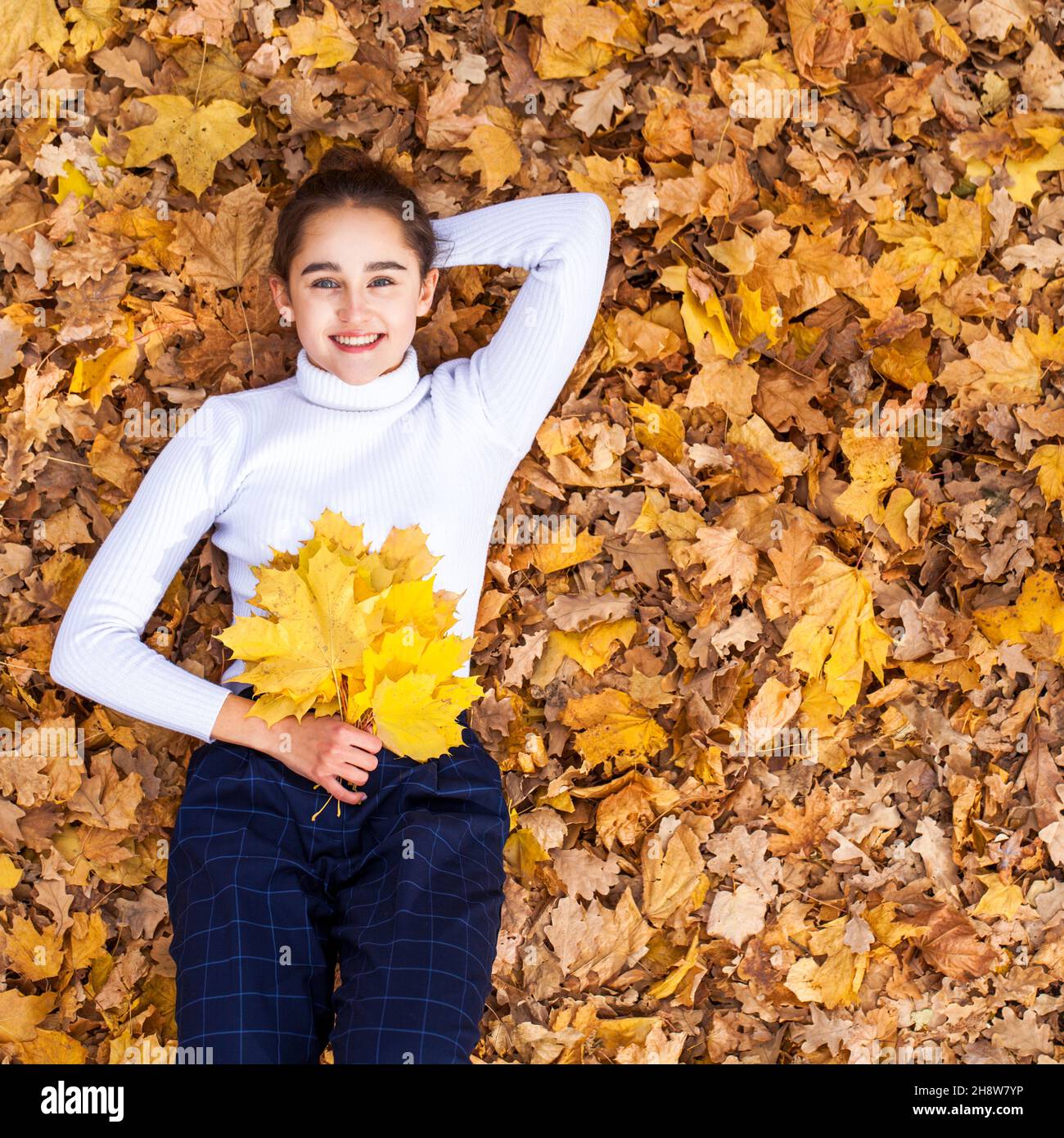 Top view portrait of young beautiful woman lying in autumn leaves Stock ...