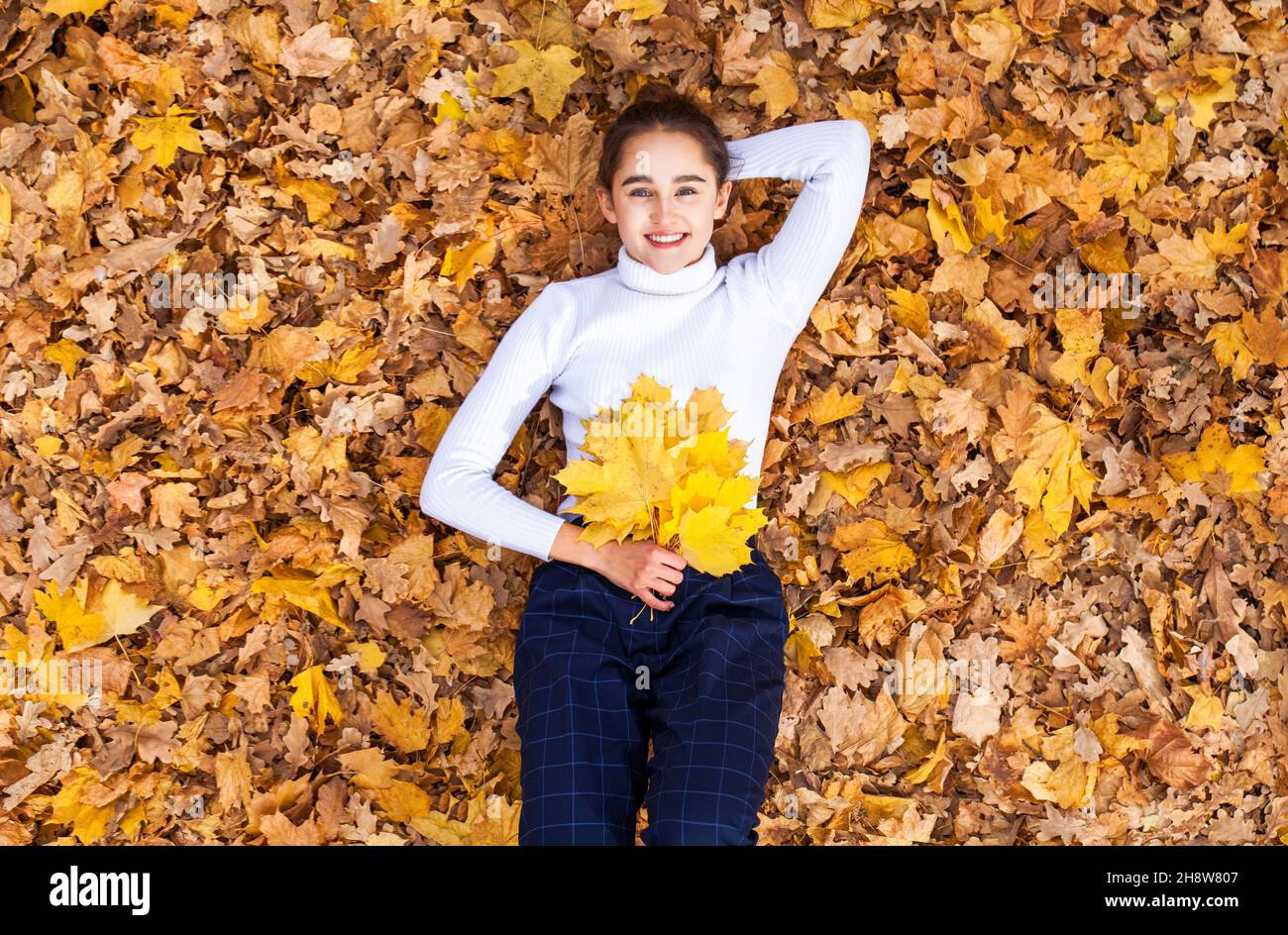 Top view portrait of young beautiful woman lying in autumn leaves Stock ...