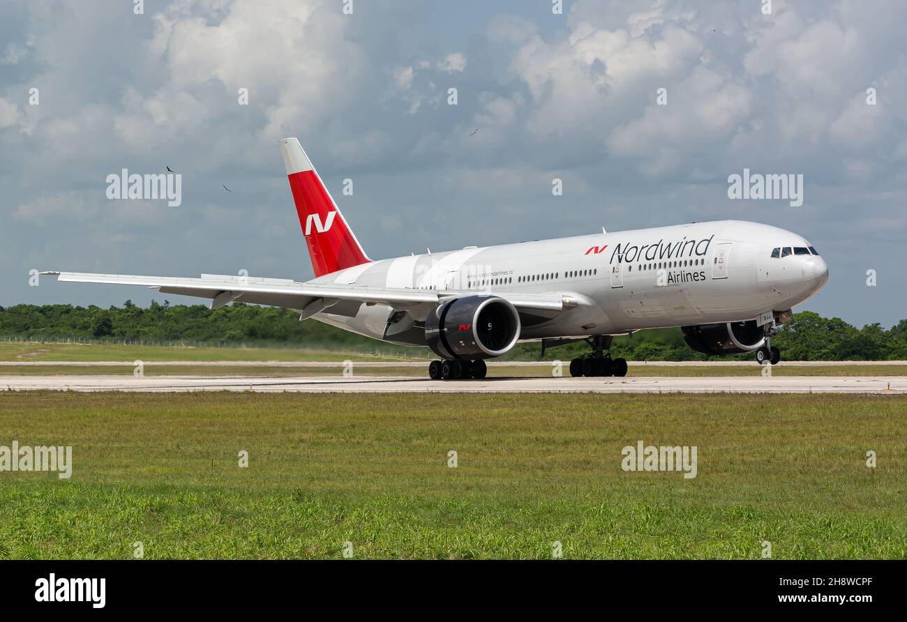 MATANZAS, CUBA Sep 04, 2021 The Nordwind Airlines Boeing 777200 in