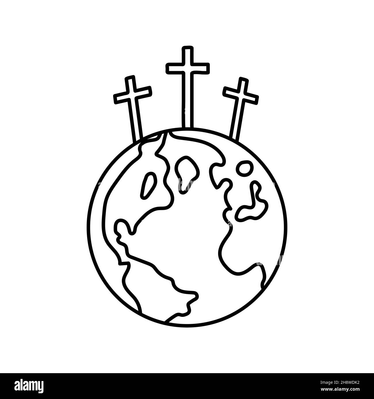 Earth globe icon with crucifixion of Jesus. Calvary icon. Abstract religious logo. Christian cross icon. Vector illustration. Linear symbol of church Stock Vector