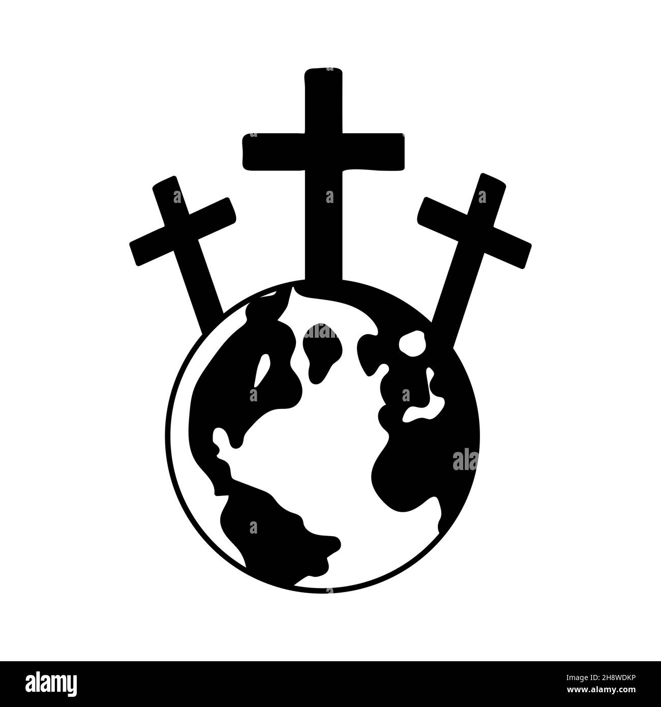 Earth globe icon with crucifixion of Jesus. Calvary icon. Abstract religious logo. Christian cross icon. Vector illustration. Symbol of church Stock Vector