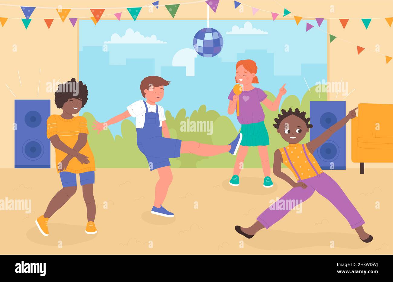 Children on fun dance party vector illustration. Cartoon little girl  singing karaoke, group of boys dancing to music, excited funny kids dancers  jumping and laughing together. Happy childhood concept Stock Vector Image