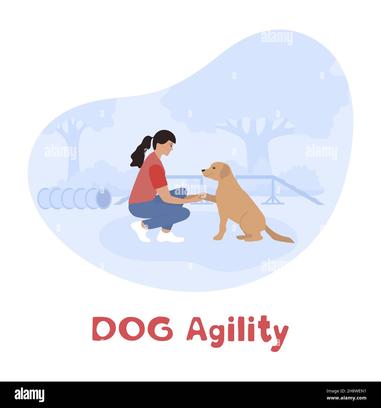 Vector illustration Woman training her dog on agility field. Playing