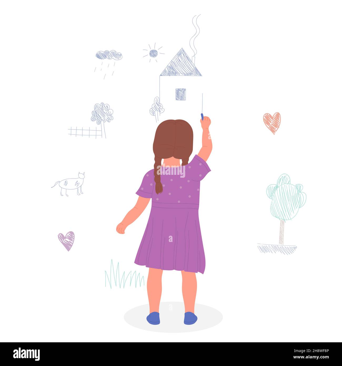 Cute girl toddler painting a house on room wall. Developing and ...