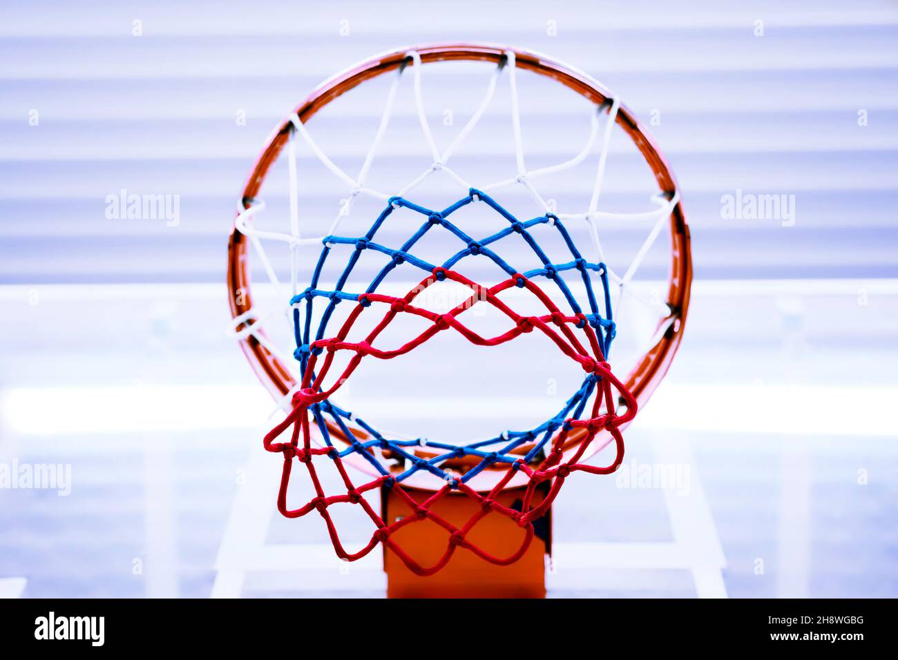 Basketball ring with grid of Russian tricolor. Basketball net with ...