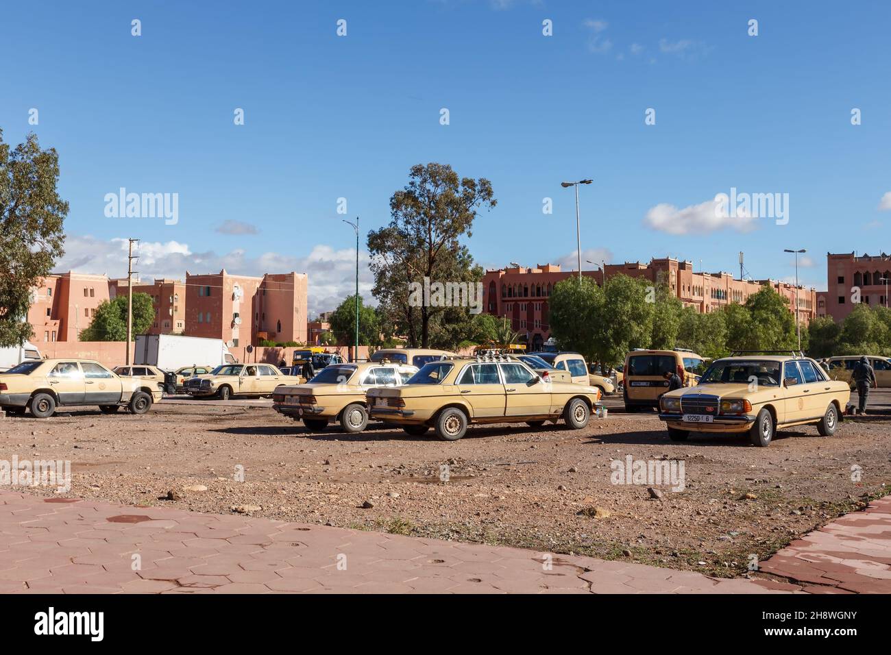 Ouarzazate, Morocco October 24, 2015 Grand taxi parking. Old Mercedes Benz cars as taxi in