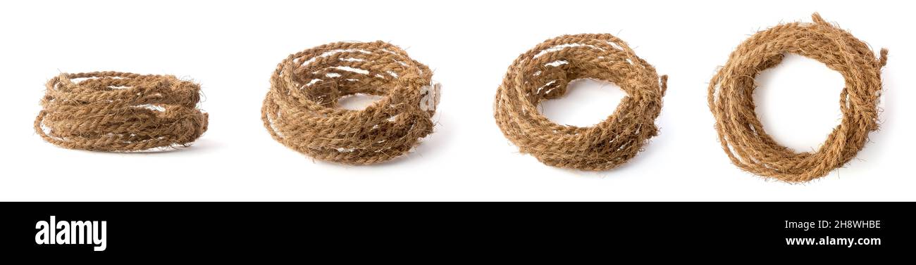 coconut coir fiber rope, handmade eco friendly waterproof strings collection different angles, isolated on white background Stock Photo