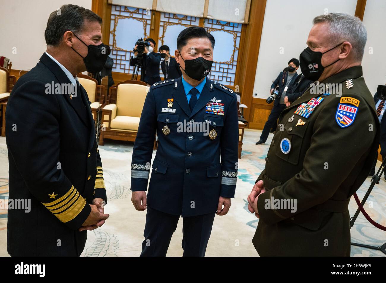 Seoul, South Korea. 02nd Dec, 2021. U.S. Adm. John C. Aquilino, commander, U.S.Indo-Pacific Command, Gen. Won In-choul, South Korean chairman of the Joint Chiefs of Staff, center, and Gen. Paul LaCamera, commander, U.S. Forces Korea, right, before the start of the 53rd Security Consultative Meeting at the Ministry of National Defense December 2, 2021 in Seoul, South Korea. Credit: Chad McNeeley/DOD/Alamy Live News Stock Photo