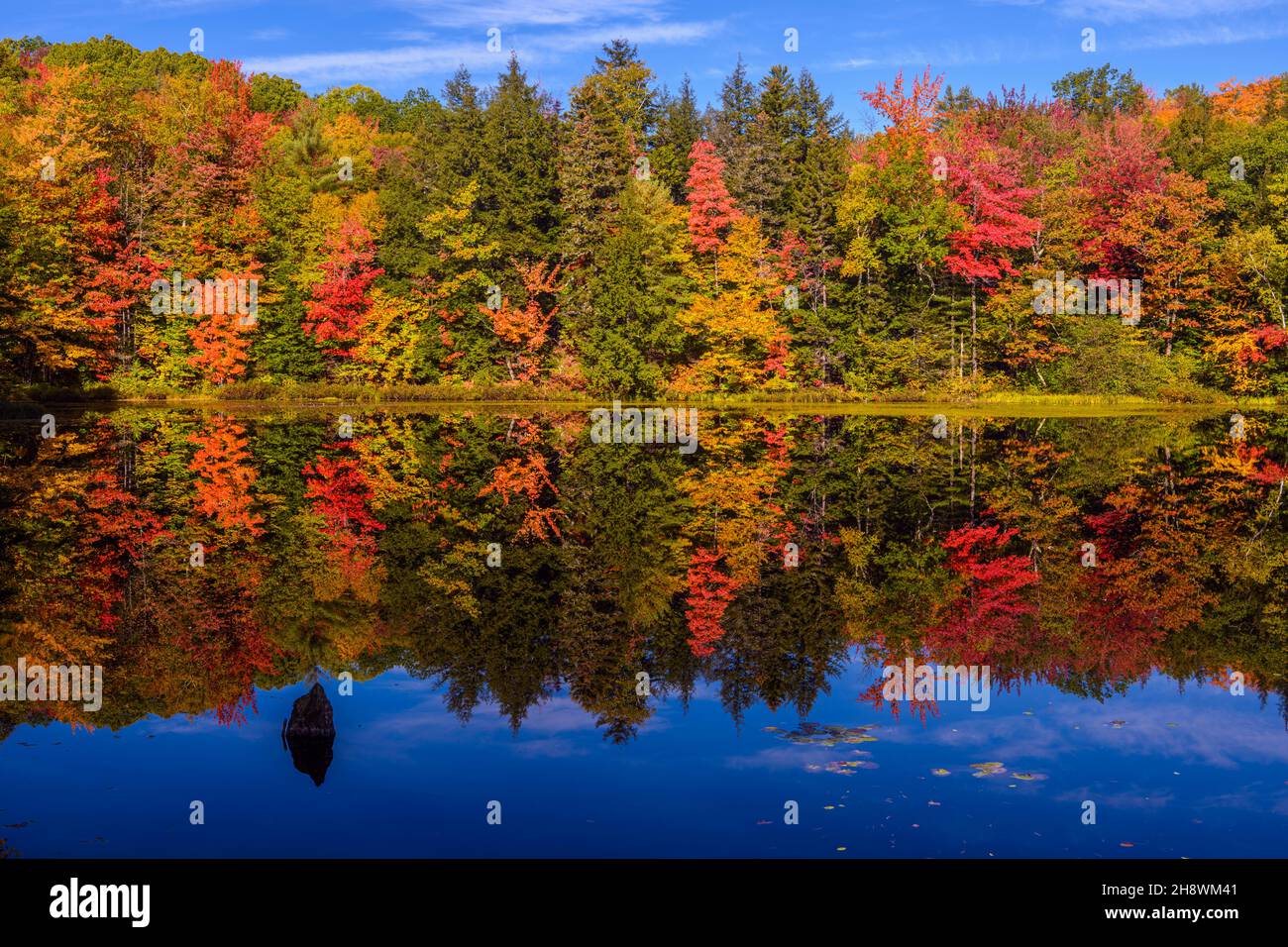 Autumn foliage reflected in Mirror Lake, Jackson, New Hampshire, USA Stock Photo