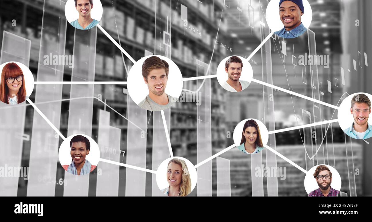 Composite image of smiling multiracial men and women with global connections and networking Stock Photo