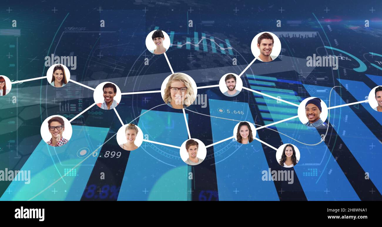 Composition of people connected globally through networking with graphical charts in background Stock Photo