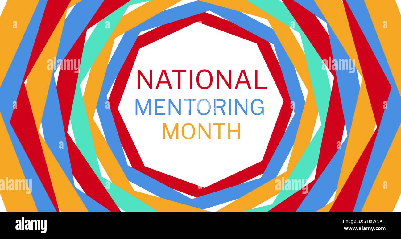 Digital composite image of national mentoring month text amidst multi colored spiral pattern Stock Photo