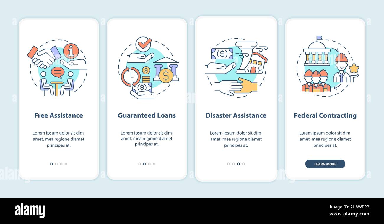 Government programs for business onboarding mobile app page screen Stock Vector