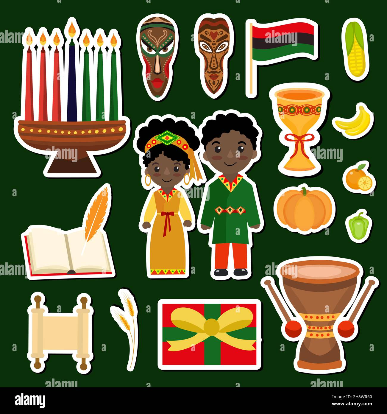 Kwanzaa stickers patches badges set. African American holiday festival collection clip art hand drawing style with kinara, tribal masks, drum. Vector Stock Vector