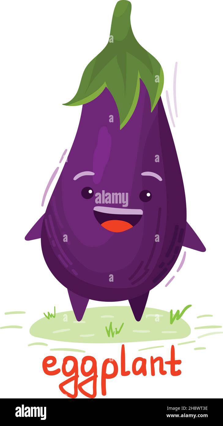 Vector Emoji eggplant with a smiley face. Cute cartoon eggplant with happy emotion. Stock Vector