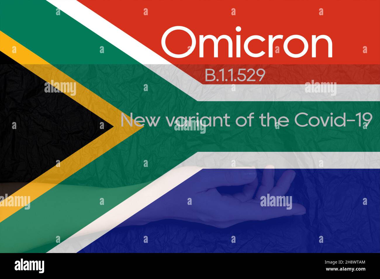 South Africa flag with inscription Omicron B.1.1.529 variant of the