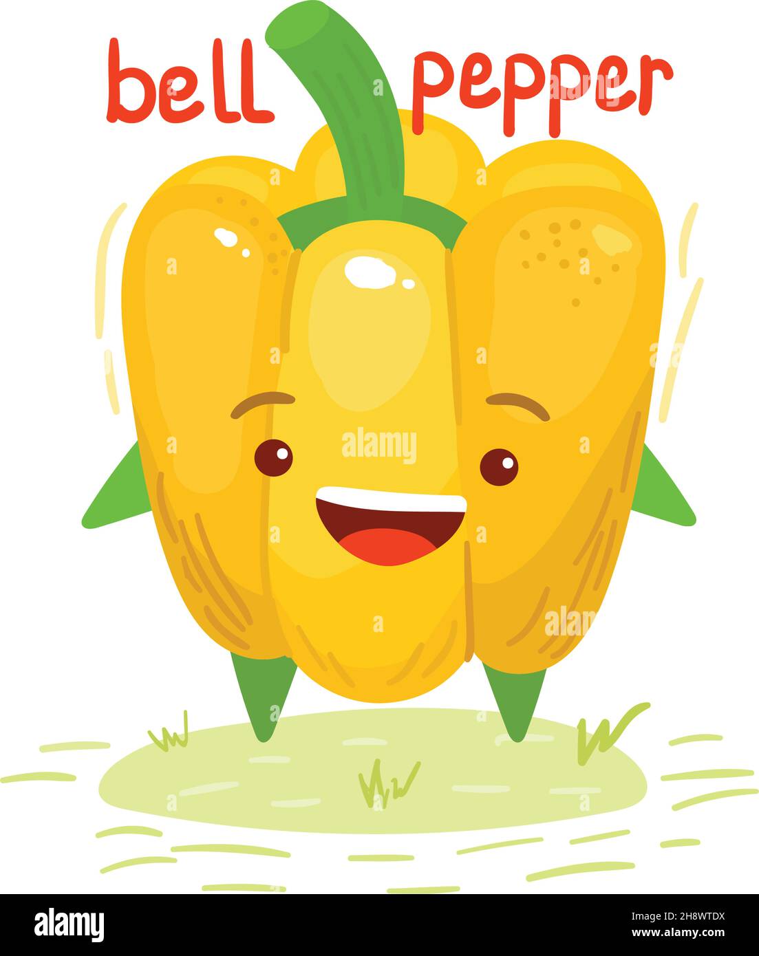 Cute, cartoon, kawaii food, pepper. Vector isolated image of a yellow pepper, bell pepper, vegetable Stock Vector