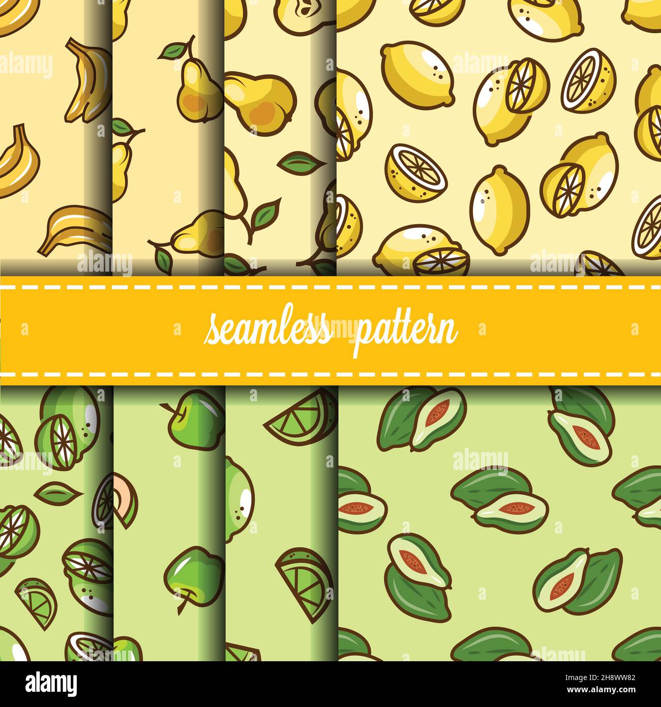 Seamless fruit backgrounds set- vector patterns with banana, pear, apple, lime. Funny fruit. Cute Seamless Patterns. Stock Vector