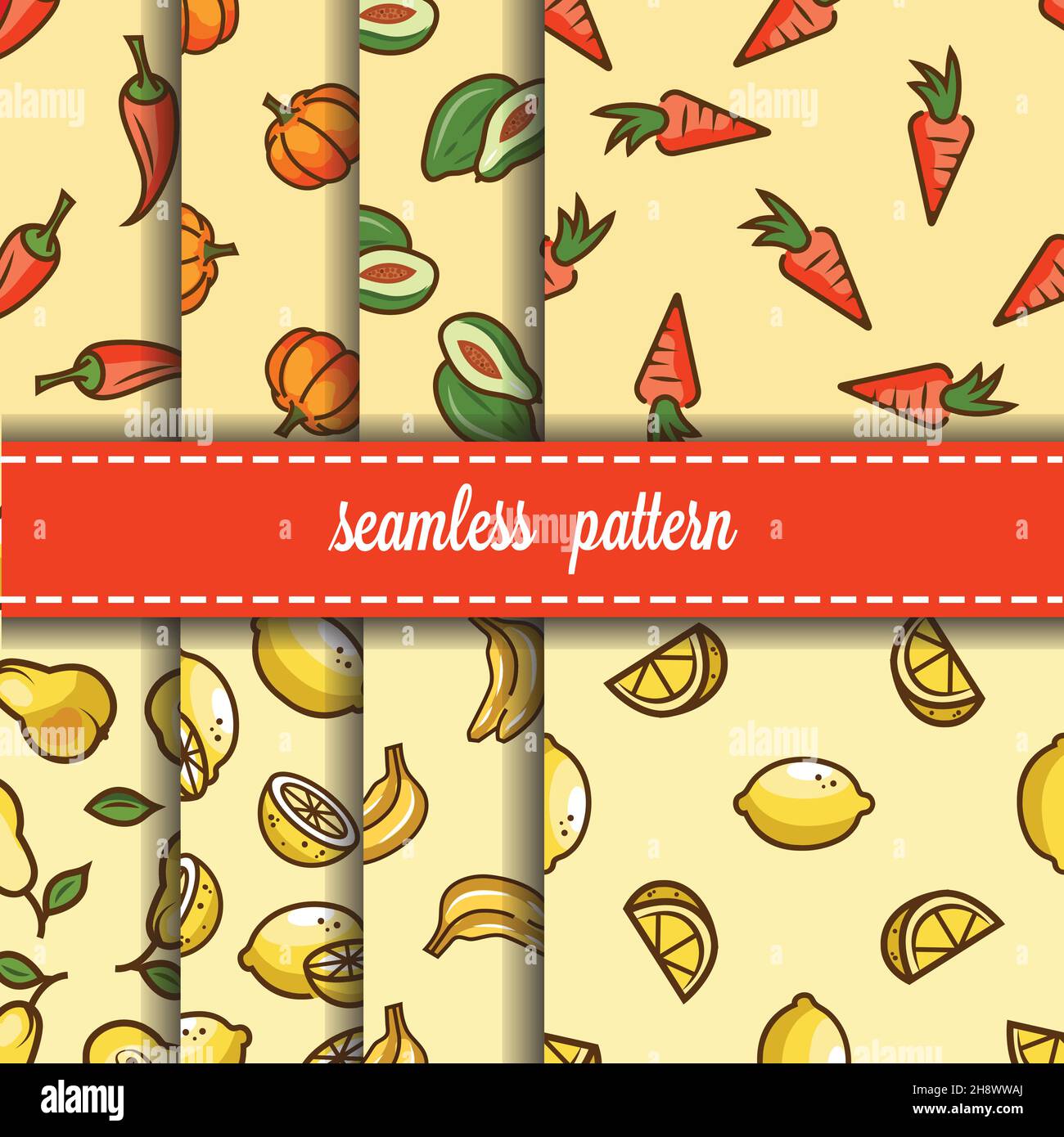 Seamless fruit and vegetables backgrounds set- vector patterns with lemon, pear, avocado, pepper, pumpkin, carrot, banana. Funny fruit. Cute Seamless Stock Vector