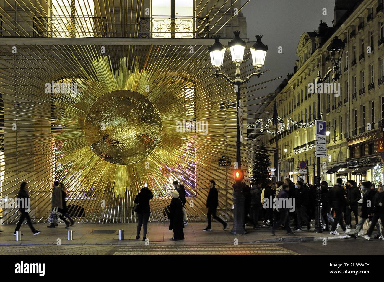 France, Paris (75) 1st arrondissement, 2021 Christmas illuminations, Louis Vuitton shop at Castiglione street Stock Photo