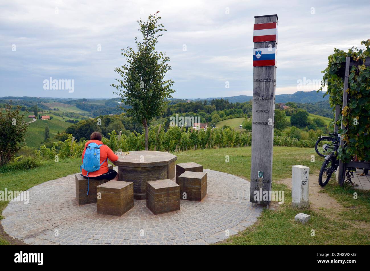 Glanz, Austria - September 22, 2021: Grenztisch - half of the so-called border table in southern Styria is in Austria and half of Slovenia, a symbol o Stock Photo